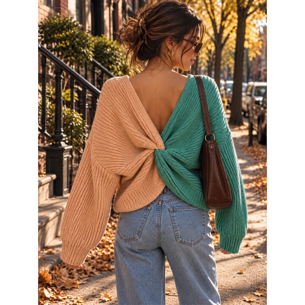 Vernacular Colorblock Twist Back Sweater Green Taupe Knit Size S L716617-FC